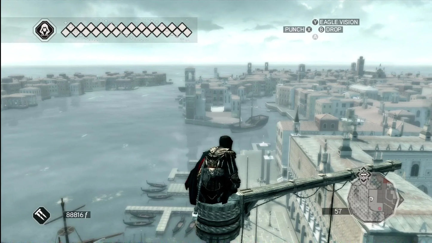 Assassin's Creed II Platinum Hits Xbox 360 open-world action-adventure stealth video game Ubisoft Ezio Auditore Renaissance Italy assassin brotherhood vendetta Florence Venice Monteriggioni exploration parkour climbing tombs codex pages Leonardo da Vinci historical fiction gameplay screenshot