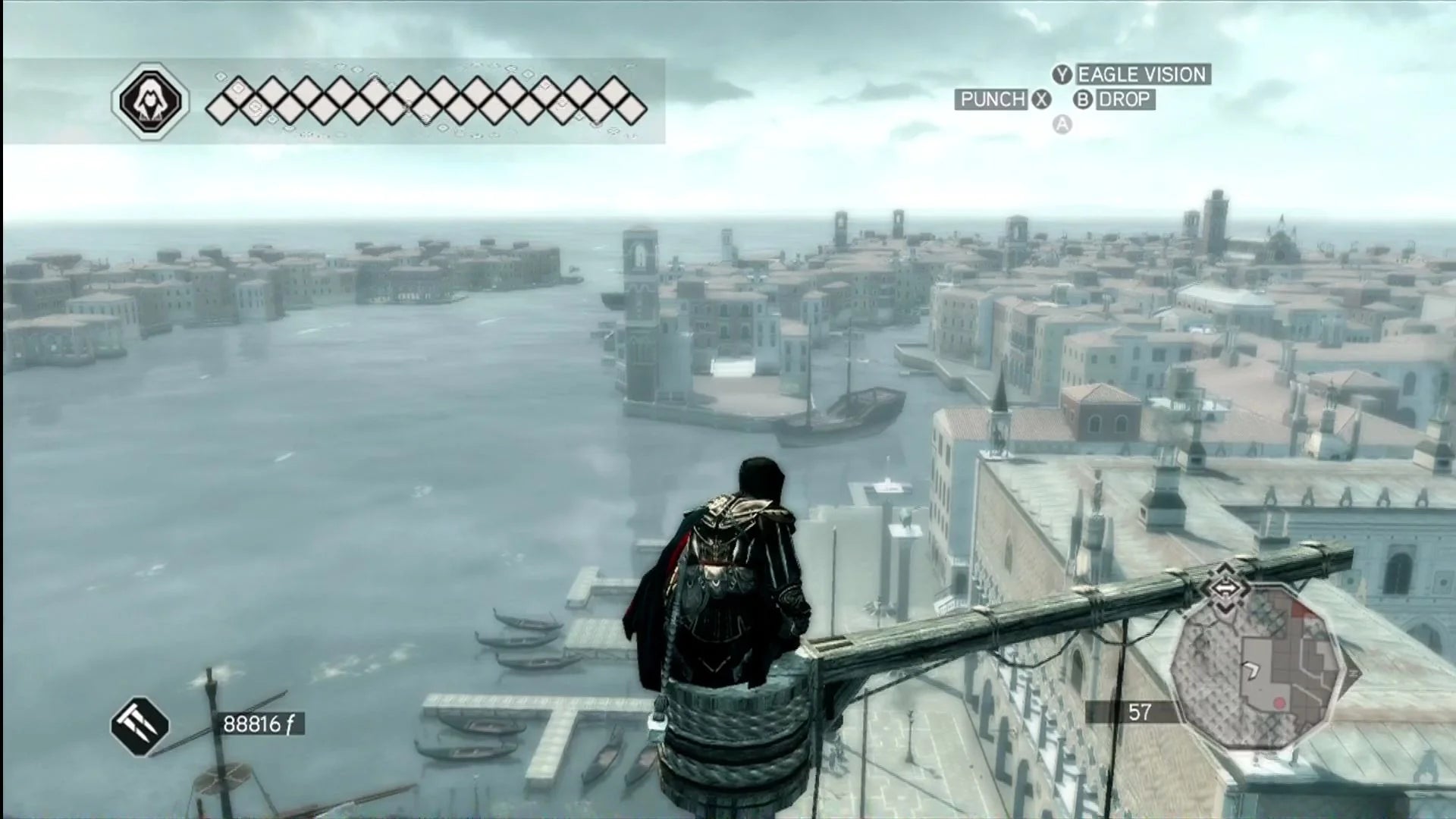 Assassin's Creed II Platinum Hits Xbox 360 open-world action-adventure stealth video game Ubisoft Ezio Auditore Renaissance Italy assassin brotherhood vendetta Florence Venice Monteriggioni exploration parkour climbing tombs codex pages Leonardo da Vinci historical fiction gameplay screenshot