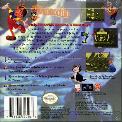Pinocchio Game Boy GB for retro video game enthusiasts featuring side scrolling action platforming gameplay Disney inspired adventure colorful levels enemy encounters classic fairy tale journey family friendly handheld gaming and collectible gaming appeal back cover 