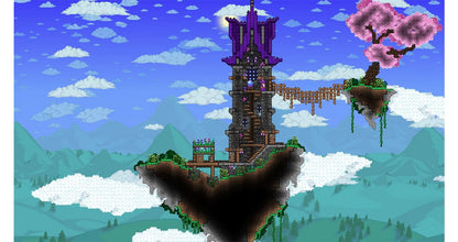 Terraria Xbox 360 X360 sandbox adventure game featuring 2D exploration crafting building mining resource gathering weapon crafting boss battles and procedurally generated worlds retro video game collection collectible gaming appeal gameplay screenshot
