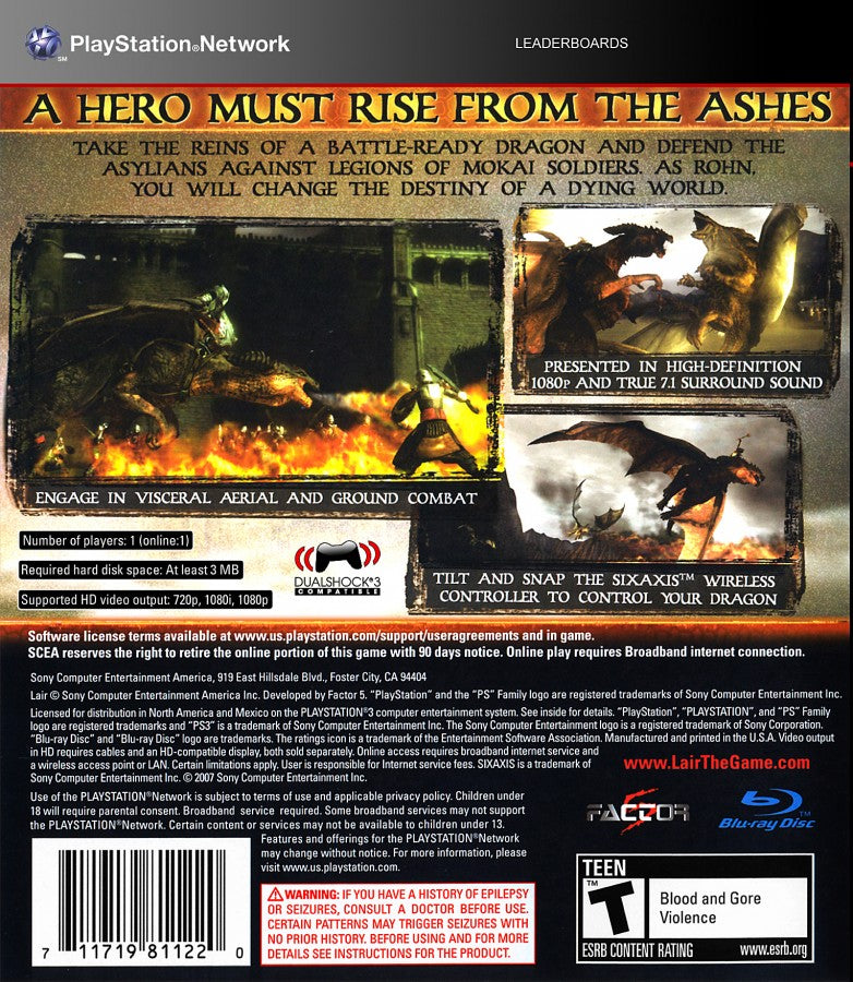 Lair PlayStation 3 PS3 video game, fantasy action adventure, dragon combat, cinematic gameplay, Sony console exclusive back cover