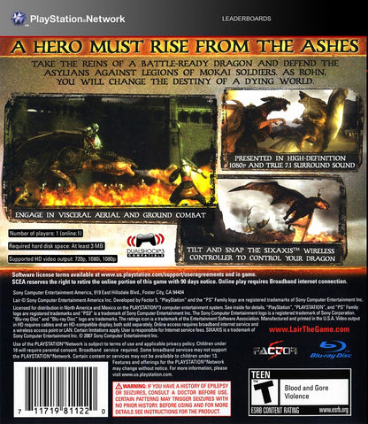 Lair PlayStation 3 PS3 video game, fantasy action adventure, dragon combat, cinematic gameplay, Sony console exclusive back cover