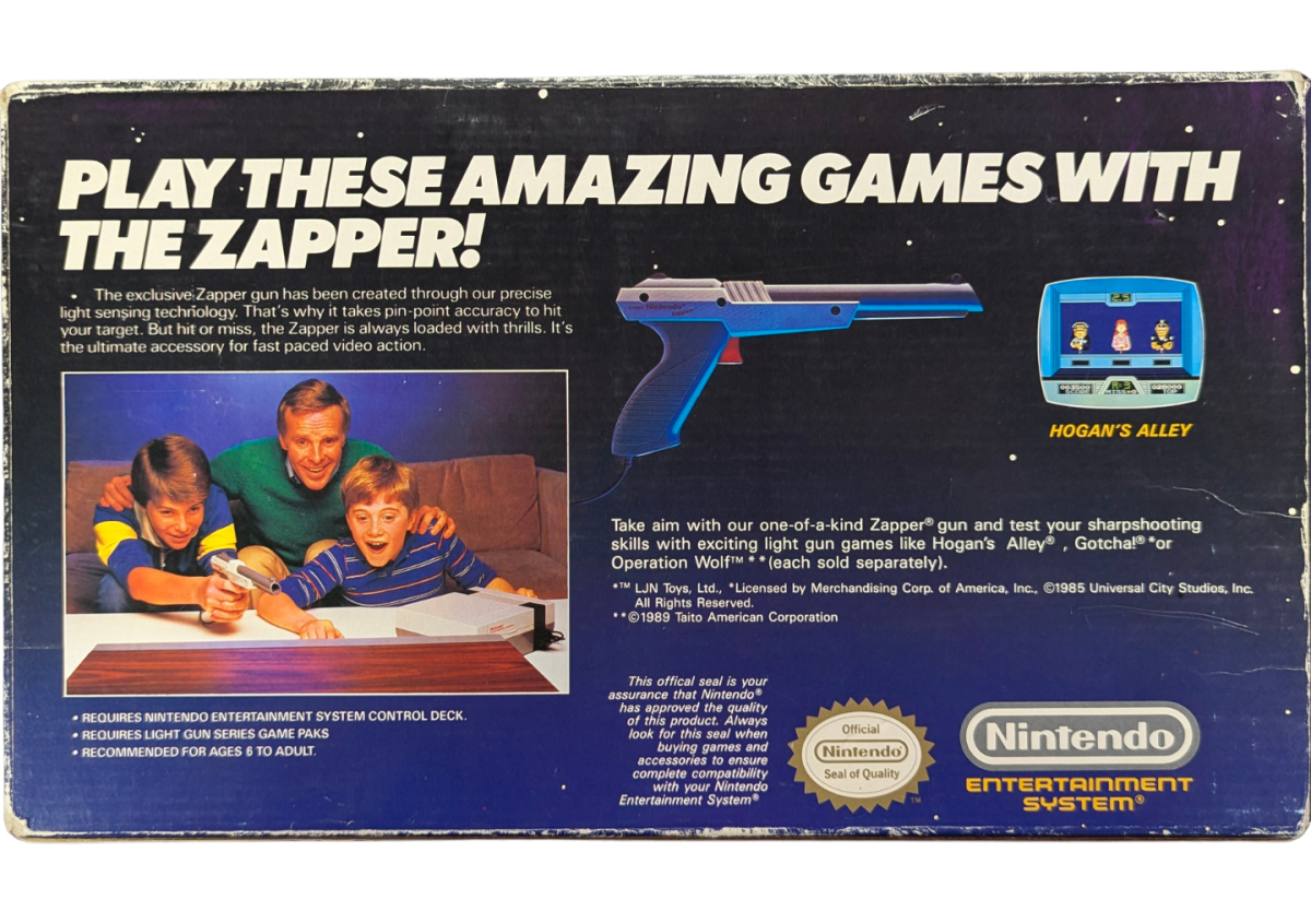 Nintendo Zapper OEM [Gray][In Box Missing Manuals/Inserts] for Nintendo Entertainment System (NES) accessory featuring the classic light gun controller used for Duck Hunt and other shooting games; includes the original box but is missing the manuals and inserts with an authentic gray OEM zapper inside back of real box