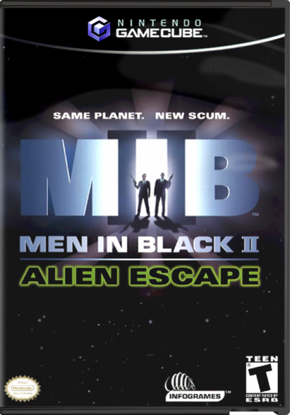 Men in Black II Alien Escape GameCube GC video game, third-person shooter, sci-fi action, movie tie-in, adventure gameplay, Nintendo GameCube title front cover