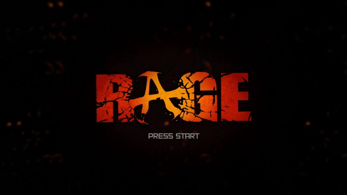 Rage start screen for Xbox 360 (X360) post-apocalyptic first-person shooter video game