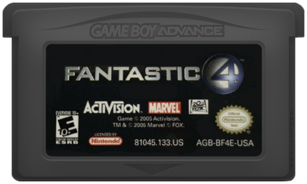 Fantastic 4 for Game Boy Advance (GBA), cartridge for a retro video game featuring action beat-em-up gameplay, superhero combat, character-based abilities, side-scrolling missions, and comic-inspired adventure