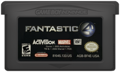 Fantastic 4 for Game Boy Advance (GBA), cartridge for a retro video game featuring action beat-em-up gameplay, superhero combat, character-based abilities, side-scrolling missions, and comic-inspired adventure