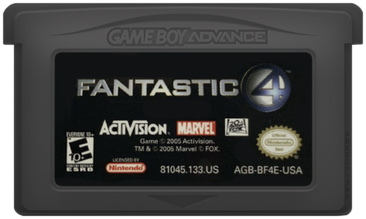 Fantastic 4 for Game Boy Advance (GBA), cartridge for a retro video game featuring action beat-em-up gameplay, superhero combat, character-based abilities, side-scrolling missions, and comic-inspired adventure