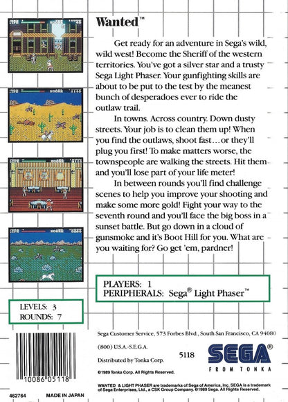 Wanted Sega Master System SMS for arcade action shooting video game fans featuring western themed gunfights side scrolling gameplay enemy outlaws challenging stages weapon upgrades fast paced combat and classic Sega Master System gameplay collectible retro gaming appeal back cover art