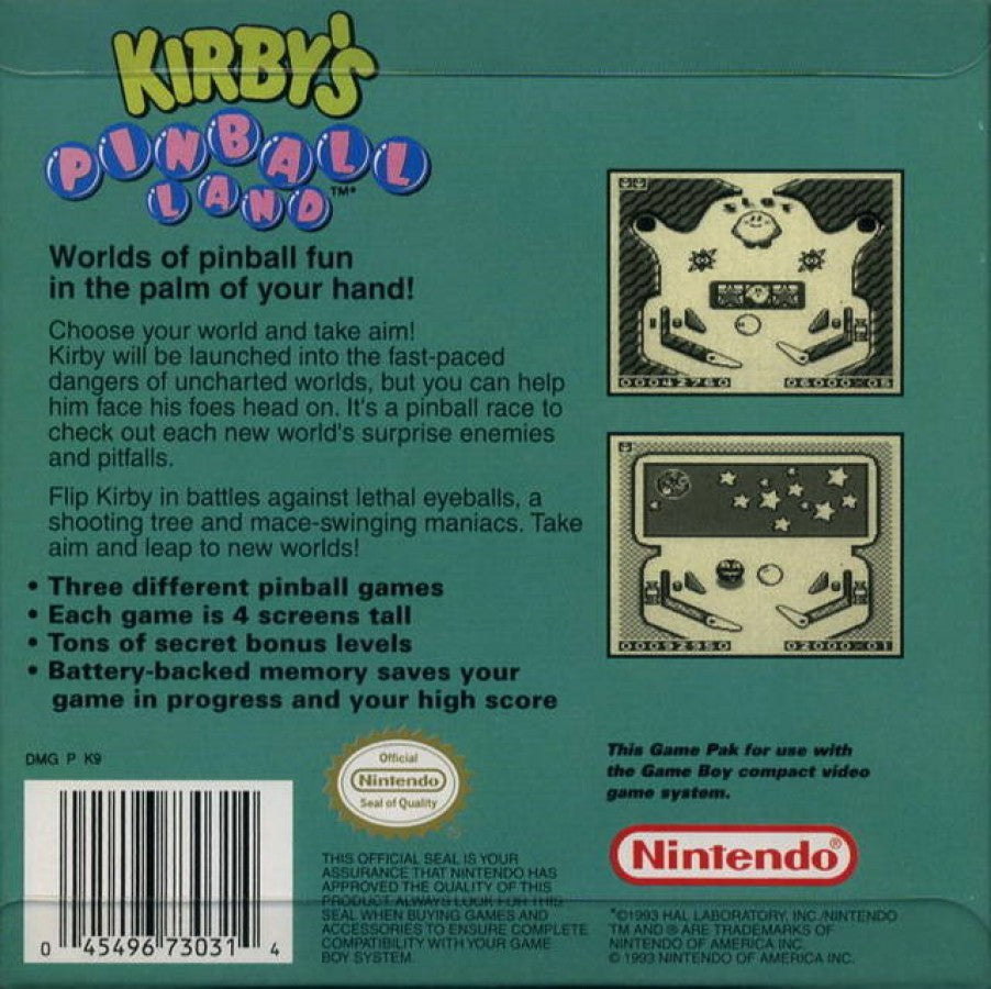Kirby's Pinball Land back cover art for Game Boy (GB) video game
