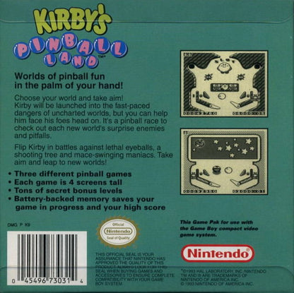 Kirby's Pinball Land back cover art for Game Boy (GB) video game