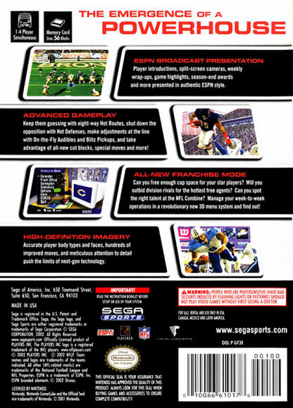 NFL 2K3 back of case for Nintendo GameCube (GC) football sports video game