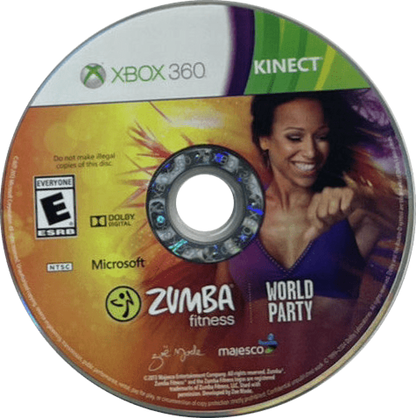 Zumba Fitness World Party Xbox 360 X360 video game featuring dance fitness workout gameplay international music tracks global dance styles choreographed routines cardio exercise calorie burning fitness challenges motion controlled dancing solo workouts multiplayer party mode and energetic world music fitness entertainment retro video game collection collectible gaming appeal disc