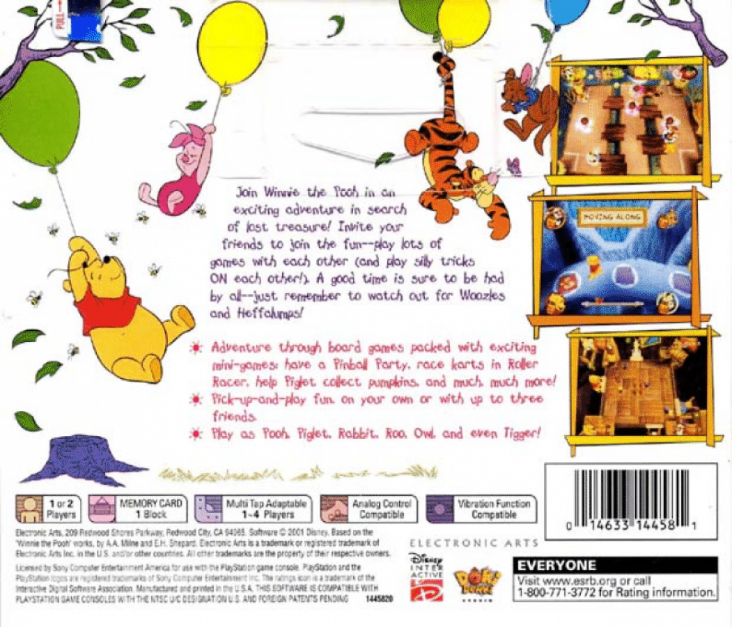Pooh's Party Game: In Search of the Treasure back of case for PlayStation 1 (PS1) family party video game