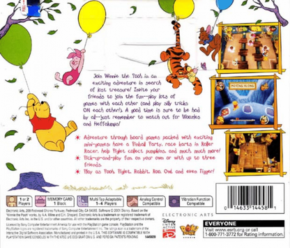 Pooh's Party Game: In Search of the Treasure back of case for PlayStation 1 (PS1) family party video game