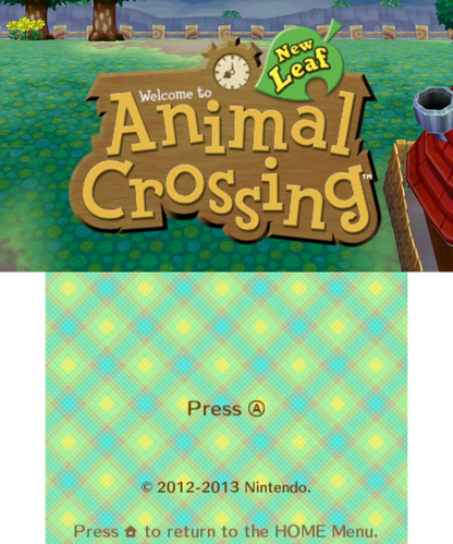Animal Crossing: New Leaf start screen for Nintendo 3DS (3DS) life simulation video game