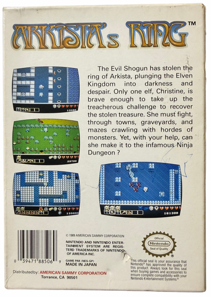 Arkista's Ring Nintendo NES video game cartridge classic 8 bit action adventure game for retro gaming collectors Nintendo fans vintage video game enthusiasts NES game collection classic video games and retro gaming fans back cover art