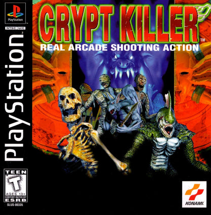 Crypt Killer PlayStation PS1 for light gun shooter video game fans featuring first person arcade style gameplay haunted mansion environments terrifying monsters cooperative multiplayer horror action fast paced shooting classic retro gaming collectible appeal front cover art