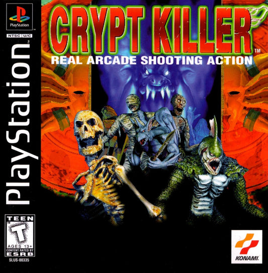 Crypt Killer PlayStation PS1 for light gun shooter video game fans featuring first person arcade style gameplay haunted mansion environments terrifying monsters cooperative multiplayer horror action fast paced shooting classic retro gaming collectible appeal front cover art
