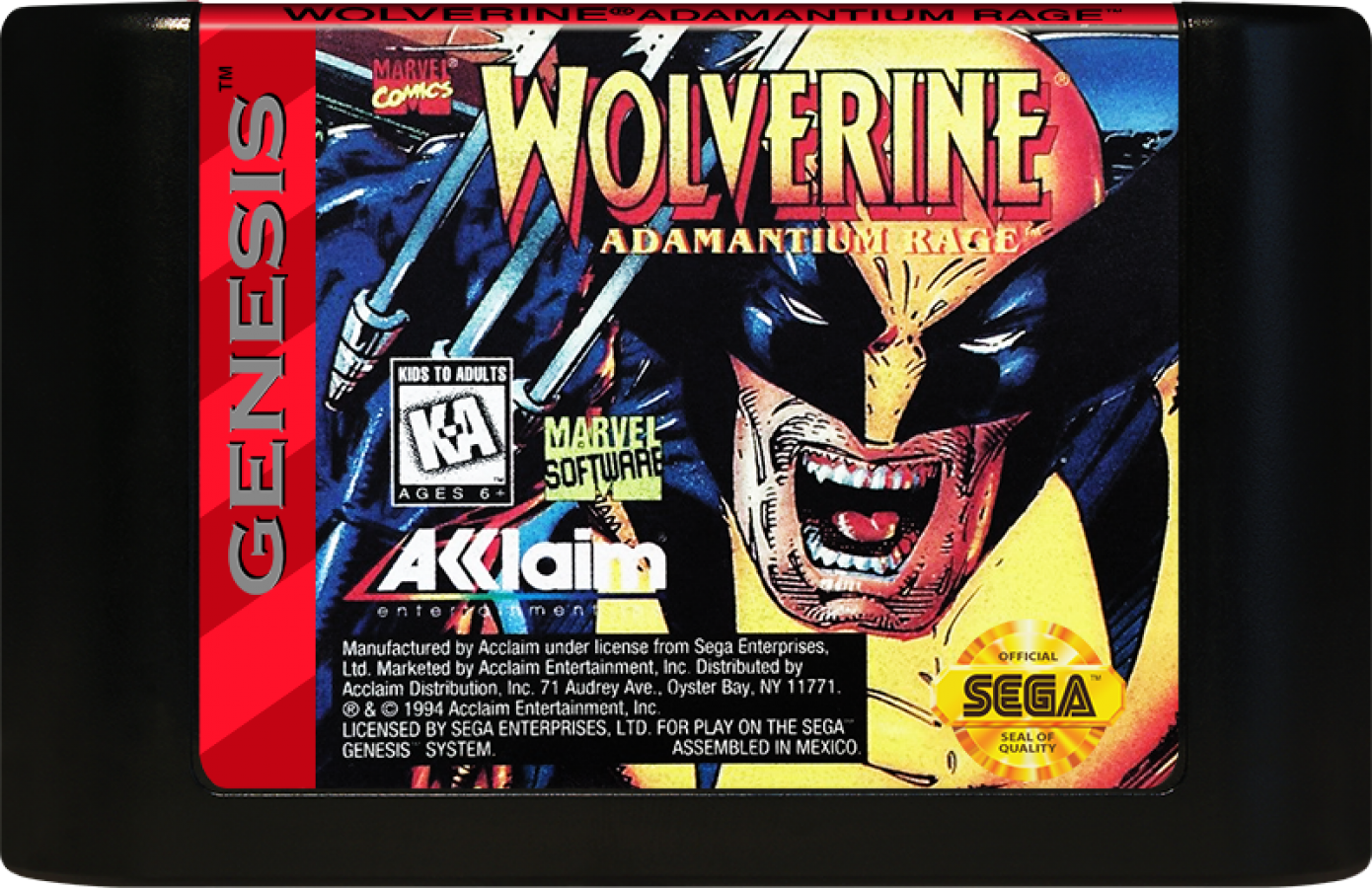 Wolverine Adamantium Rage Sega Genesis side-scrolling action-platformer video game featuring Marvel's clawed mutant with regenerative health system cartridge art