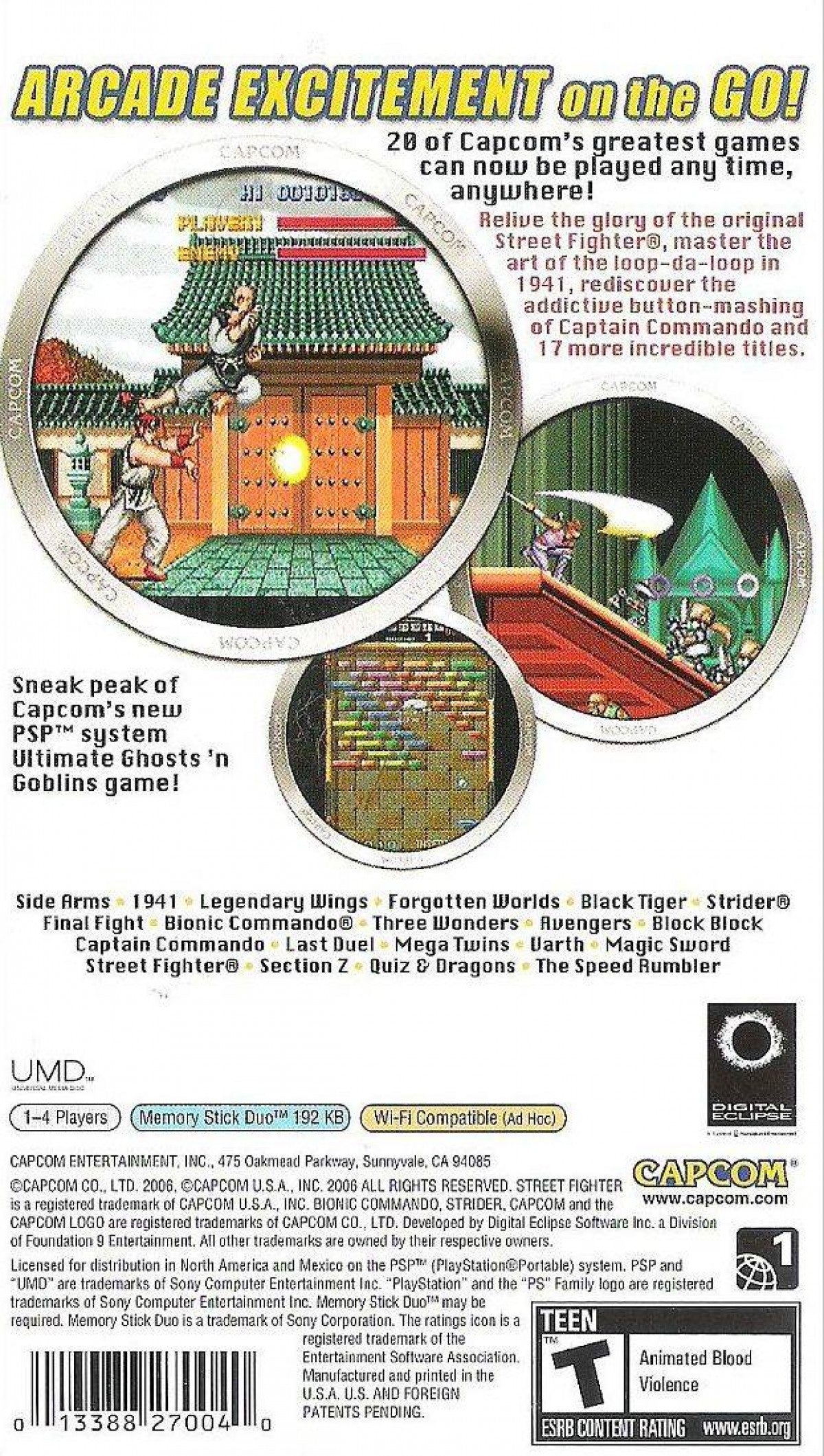 Capcom Classics Collection Remixed retro PSP video game Capcom Classics Collection Remixed arcade compilation classic Capcom retro gaming fighting shooter platform action titles handheld release back cover
