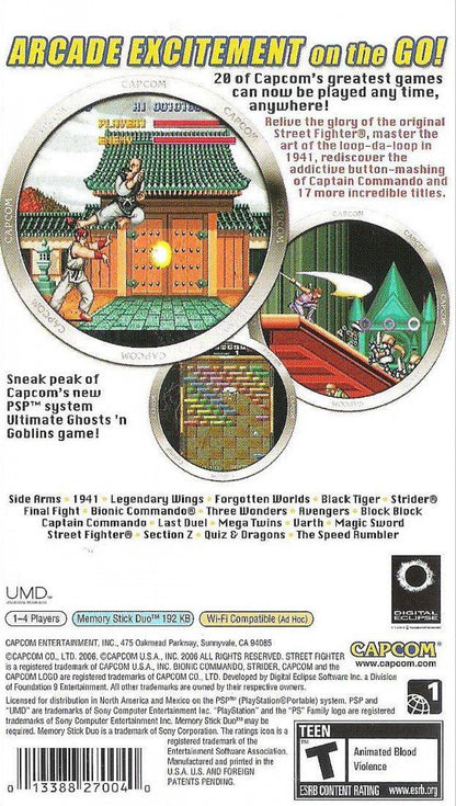 Capcom Classics Collection Remixed retro PSP video game Capcom Classics Collection Remixed arcade compilation classic Capcom retro gaming fighting shooter platform action titles handheld release back cover