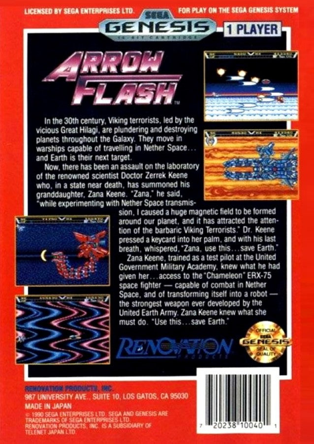 Arrow Flash Sega Genesis GEN for retro video game enthusiasts featuring side scrolling shoot em up gameplay futuristic spacecraft combat powerful weapon upgrades fast paced enemy battles challenging stages sci fi arcade action and collectible gaming appeal back cover