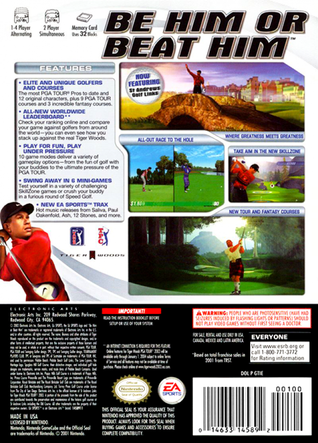 Tiger Woods PGA Tour 2003 back of case for Nintendo GameCube (GC) golf sports video game