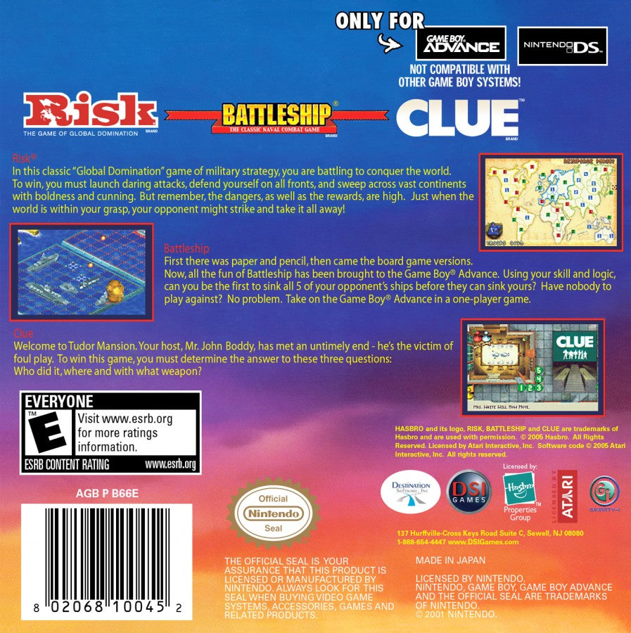 Risk Battleship Clue Game Boy Advance GBA compilation cartridge board game video game adaptation world conquest strategy naval combat whodunnit mystery solving puzzle mini-games Hasbro back cover