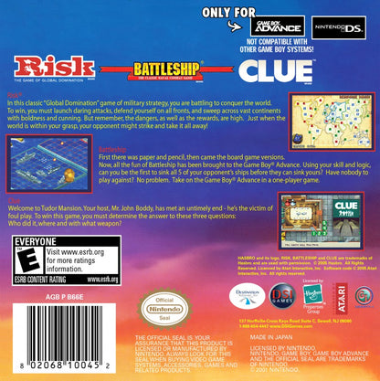 Risk Battleship Clue Game Boy Advance GBA compilation cartridge board game video game adaptation world conquest strategy naval combat whodunnit mystery solving puzzle mini-games Hasbro back cover