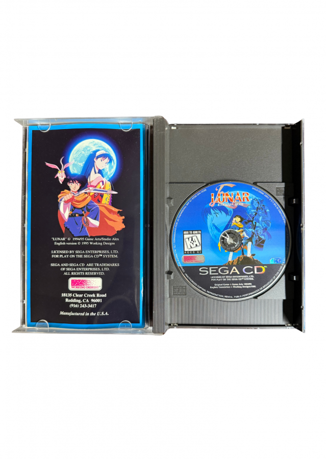 Lunar Eternal Blue Sega CD JRPG role playing game anime style fantasy adventure Working Designs turn based combat story driven sequel classic RPG cutscenes voice acting retro gaming Sega CD software video game title inside of case and disc