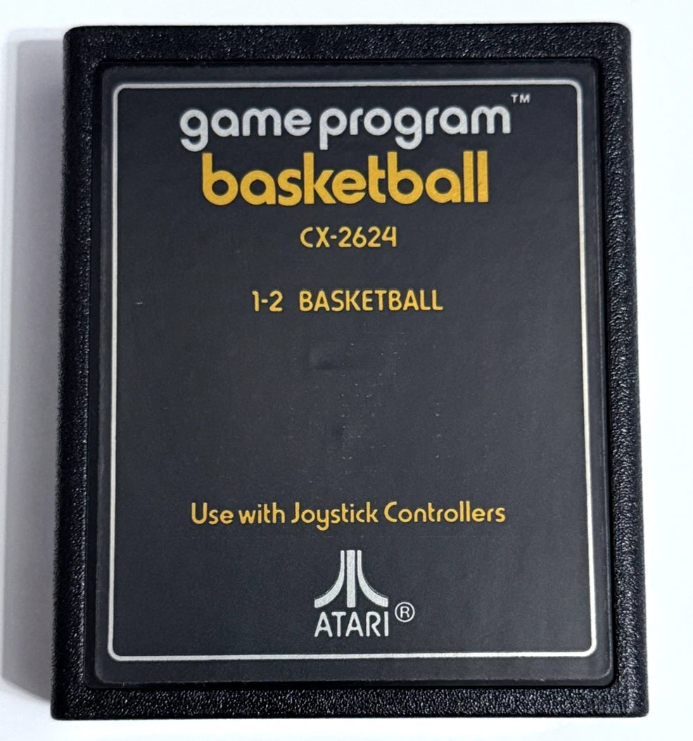 Basketball Text Label Atari 2600 video game featuring basketball sports gameplay competitive matches shooting challenges passing defense scoring and classic Atari 2600 arcade sports action retro video game collection collectible gaming appeal game cartridge