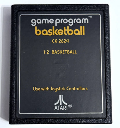 Basketball Text Label Atari 2600 video game featuring basketball sports gameplay competitive matches shooting challenges passing defense scoring and classic Atari 2600 arcade sports action retro video game collection collectible gaming appeal game cartridge