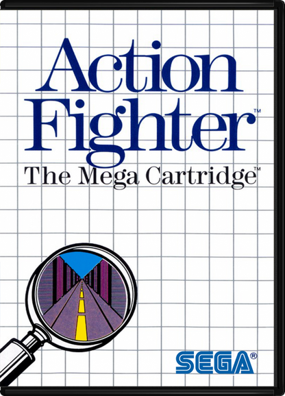 Action Fighter Sega Master System SMS for arcade action racing video game fans featuring high speed vehicle combat motorcycle and car gameplay enemy attacks weapon upgrades power ups challenging stages scrolling action and classic Sega Master System gameplay collectible retro gaming appeal front cover art