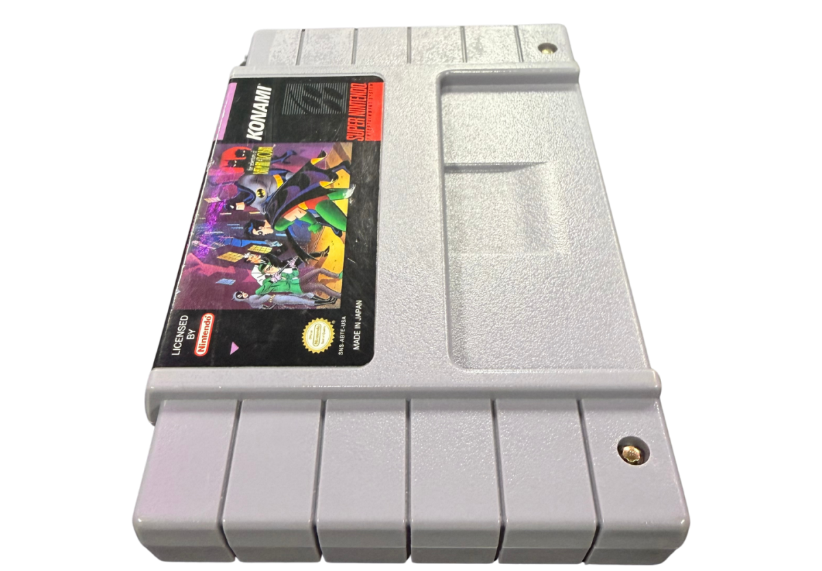 The Adventures of Batman & Robin Super Nintendo Entertainment System SNES for action platforming video game fans featuring Batman and Robin combat Gotham City environments side scrolling gameplay enemy battles challenging stages comic book inspired visuals power ups and classic DC Comics adventure collectible retro gaming appeal cartridge side