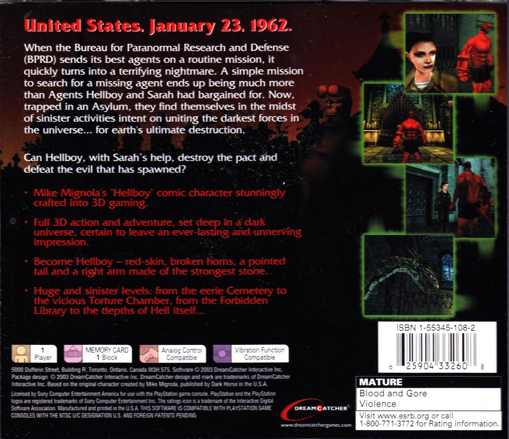 Hellboy: Asylum Seeker retro supernatural action adventure game for PlayStation 1 (PS1) back of case
