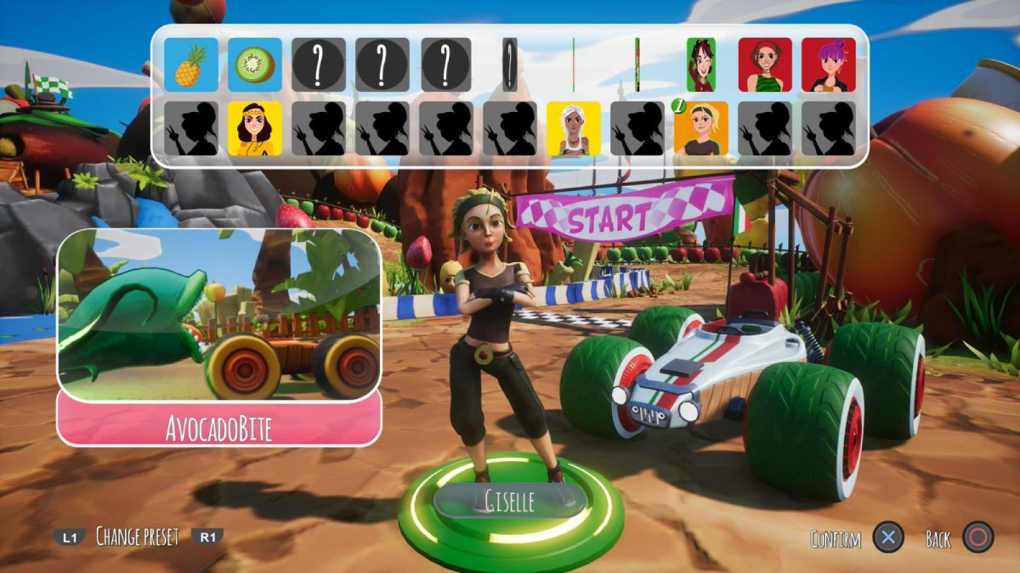 All Star Fruit Racing gameplay for PlayStation 4 (PS4) colorful fruit-themed kart racing game