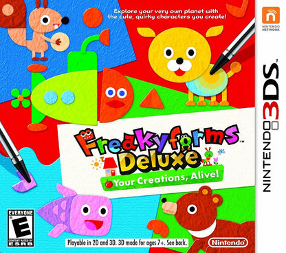 Freakyforms Deluxe Your Creations Alive Nintendo 3DS 3DS cover art for retro video game enthusiasts featuring creative creature building gameplay customizable character design sandbox style exploration puzzle solving mini games colorful whimsical world interactions and portable handheld creativity focused gaming experience and collectible gaming appeal