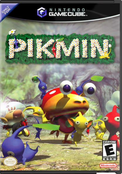 Pikmin cover art for Nintendo GameCube (GC) real-time strategy adventure video game