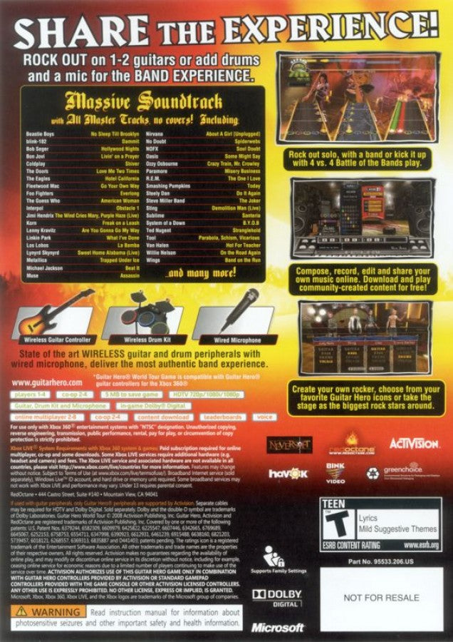 Guitar Hero: World Tour back of box for Xbox 360 (X360) music rhythm video game