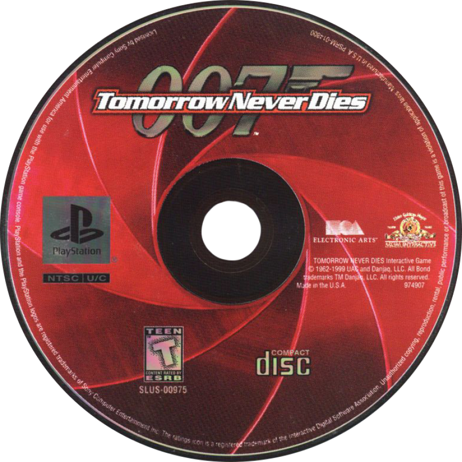 007: Tomorrow Never Dies — PlayStation 1 (PS1) is an action-adventure game based on the James Bond film featuring stealth, driving, and shooting gameplay disc art