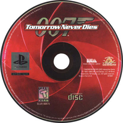 007: Tomorrow Never Dies — PlayStation 1 (PS1) is an action-adventure game based on the James Bond film featuring stealth, driving, and shooting gameplay disc art