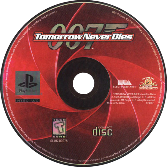 007: Tomorrow Never Dies — PlayStation 1 (PS1) is an action-adventure game based on the James Bond film featuring stealth, driving, and shooting gameplay disc art
