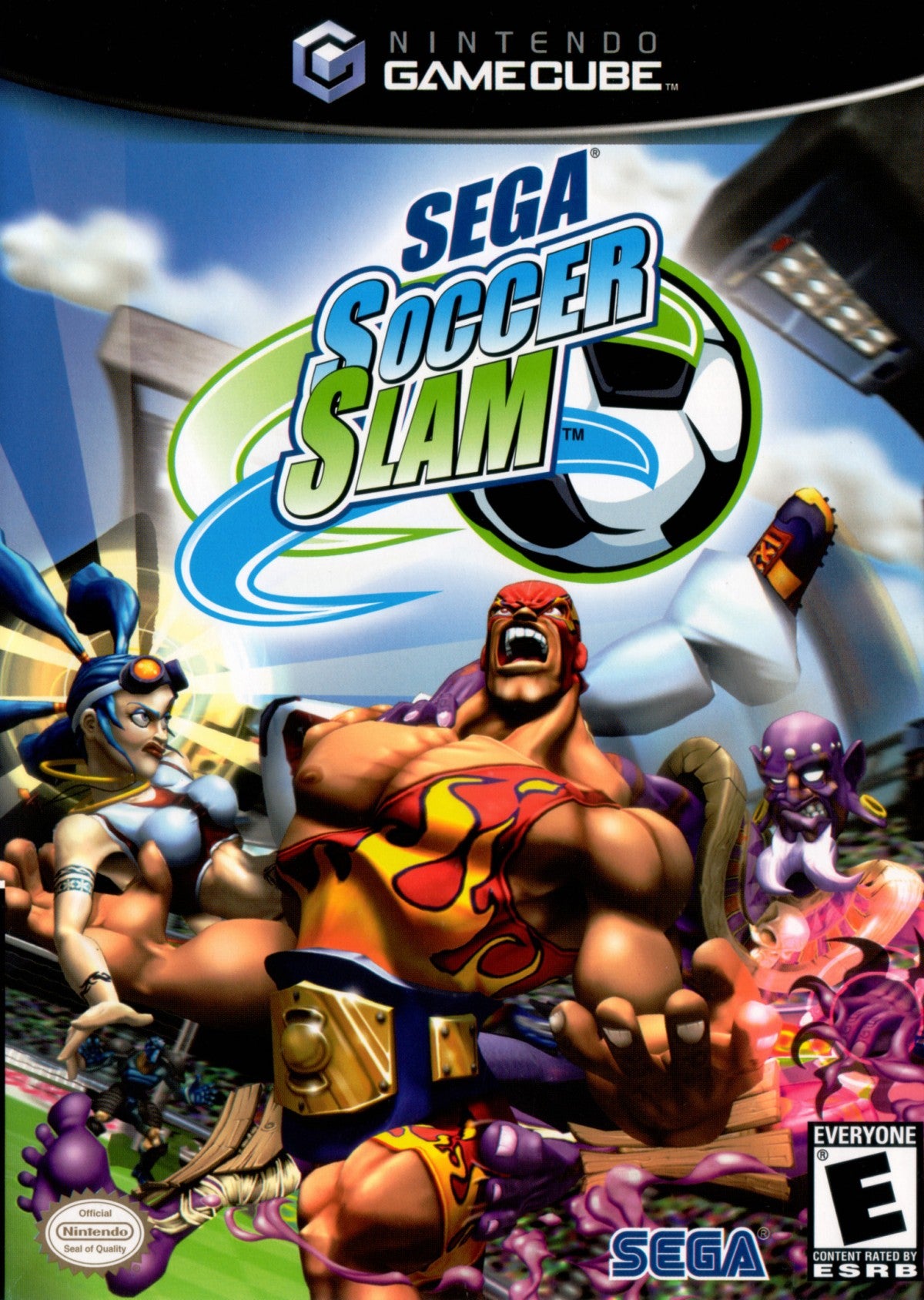 Sega Soccer Slam GameCube GC video game, arcade sports soccer, fast-paced action, multiplayer, stylized gameplay, Nintendo GameCube title cover art