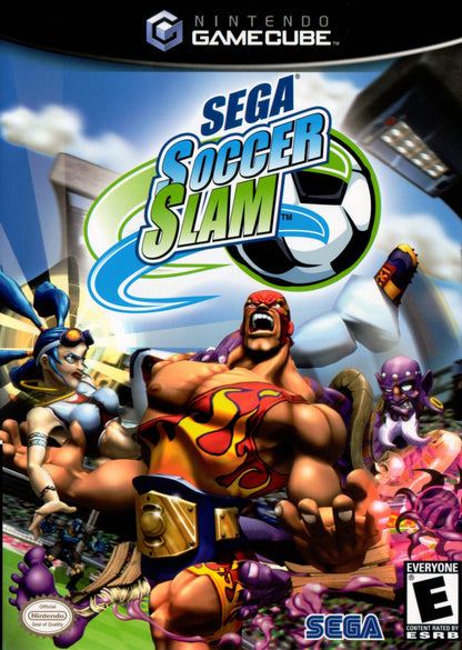 Sega Soccer Slam GameCube GC video game, arcade sports soccer, fast-paced action, multiplayer, stylized gameplay, Nintendo GameCube title cover art