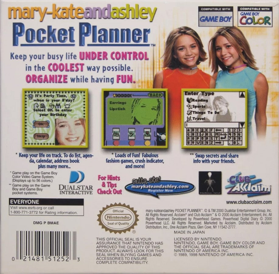 Mary-Kate and Ashley Pocket Planner Game Boy Color GBC for retro video game enthusiasts featuring personal organizer gameplay calendar scheduling contact management note taking handheld utility features interactive lifestyle functions and collectible gaming appeal   back cover  