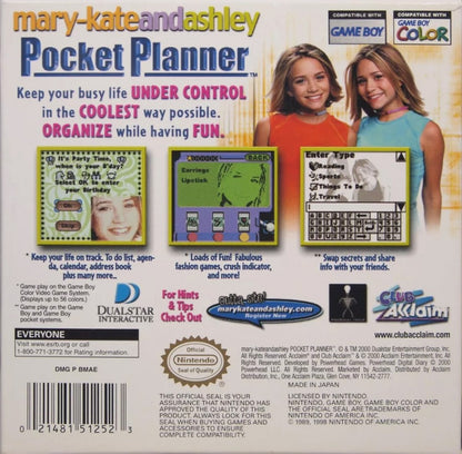 Mary-Kate and Ashley Pocket Planner Game Boy Color GBC for retro video game enthusiasts featuring personal organizer gameplay calendar scheduling contact management note taking handheld utility features interactive lifestyle functions and collectible gaming appeal   back cover  