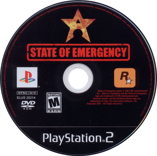 State of Emergency – PlayStation 2 (PS2) video game disc, action beat 'em up.
