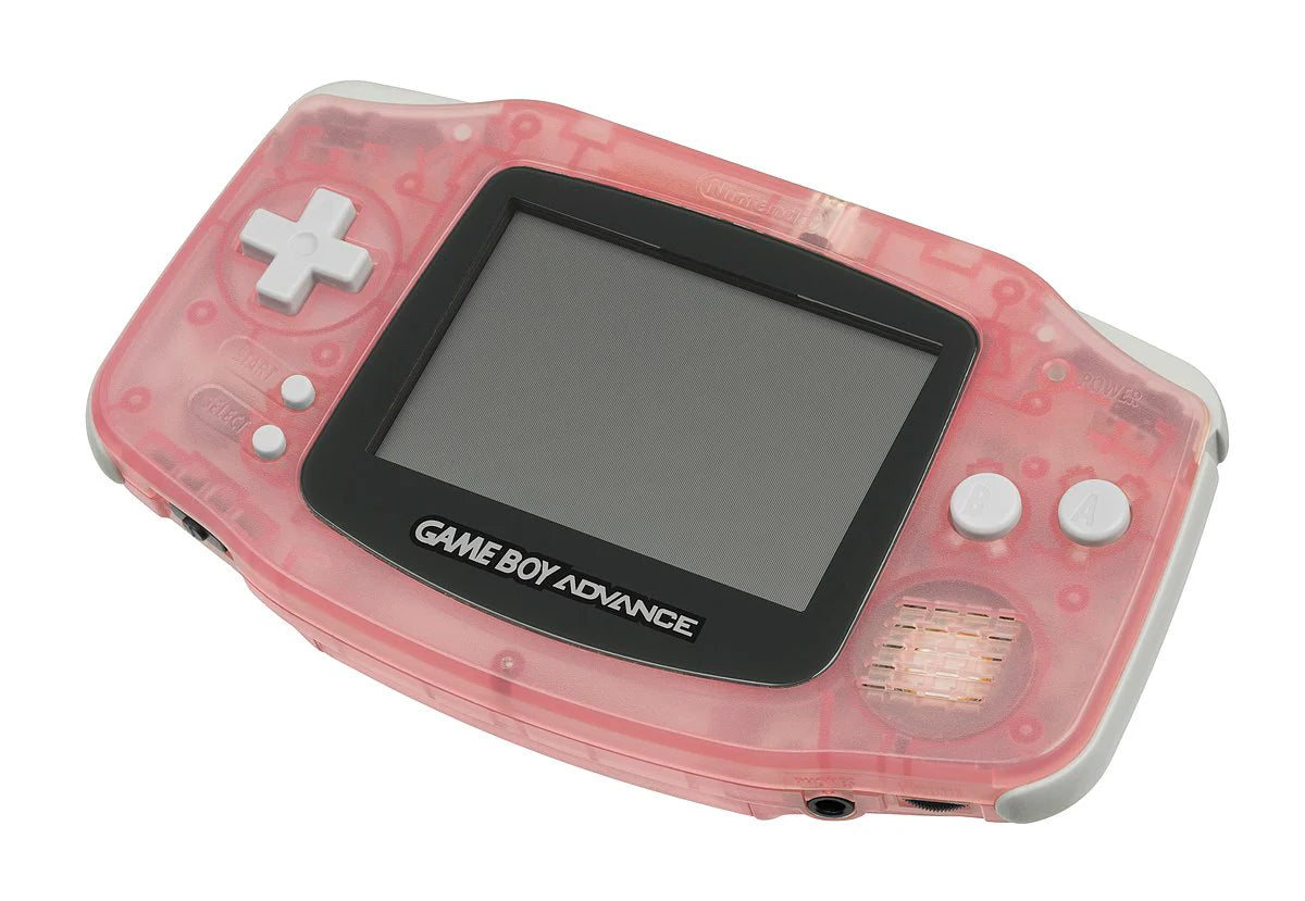 Retro IPS modded fuchsia Game Boy Advance inspired design featuring custom handheld gaming console aesthetic vibrant pink shell backlit IPS display upgraded portable Nintendo hardware nostalgic early 2000s retro gaming presentation fronty angle