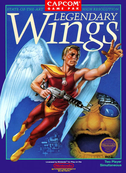 Legendary Wings Nintendo Entertainment System NES video game featuring side scrolling shoot em up gameplay winged hero action aerial combat enemy waves power ups boss battles fantasy environments and classic 8 bit arcade action retro video game collection collectible gaming appeal front cover art